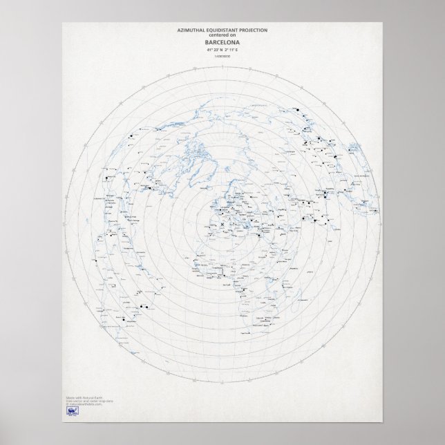 Azimuthal-Weltkarte Barcelona Poster (Vorne)