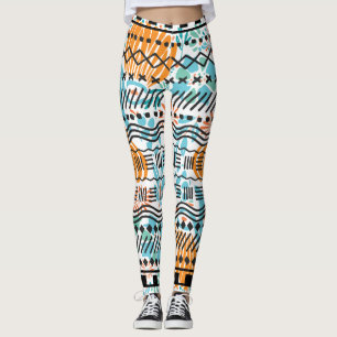 Aztec Abstraktes florales CORAL MINT Schwarzes Mus Leggings