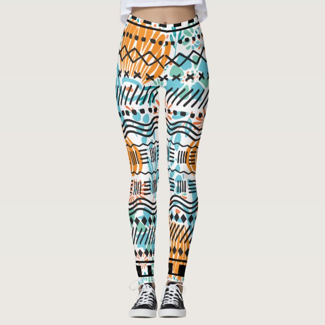 Aztec Abstraktes florales CORAL MINT Schwarzes Mus Leggings (Vorderseite)