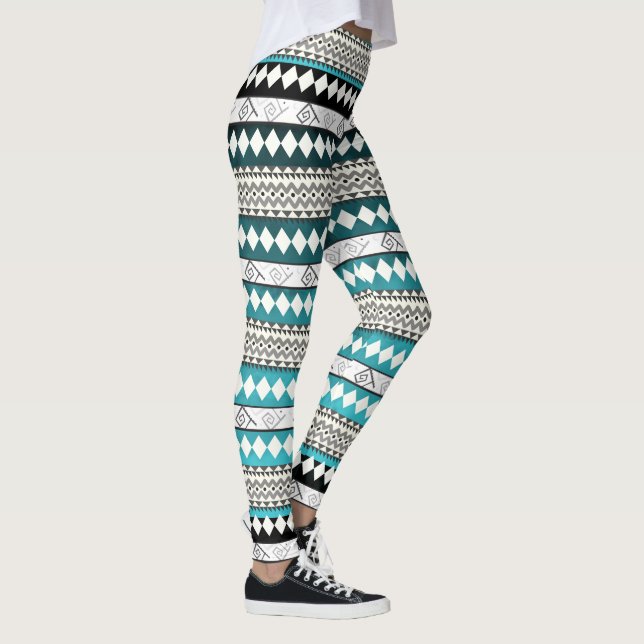 Aztec Aquamarin Blue Geometric Abstraktes Muster Leggings (Rechts)