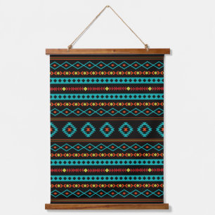 Aztec Aquamarin Reds Gelbes Schwarzes Mixed Motifs Wandteppich Mit Holzrahmen