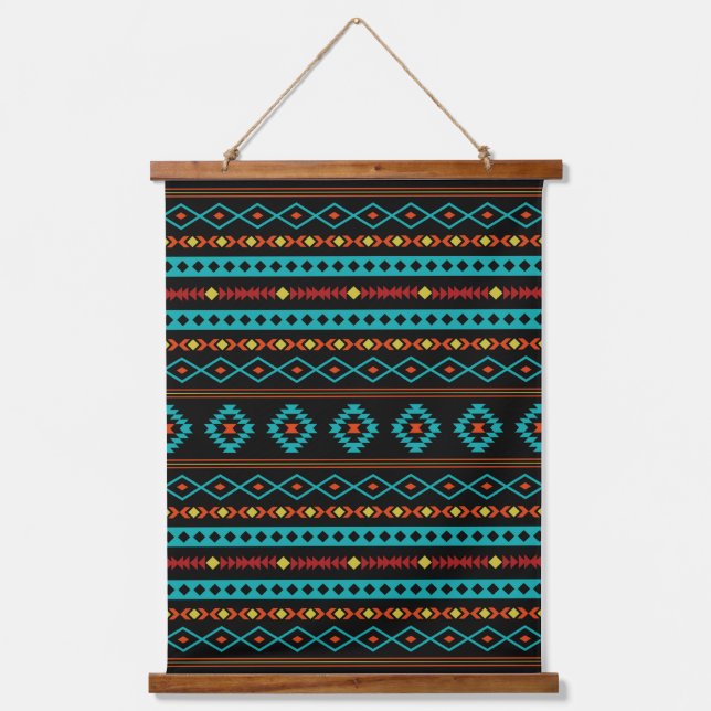 Aztec Aquamarin Reds Gelbes Schwarzes Mixed Motifs Wandteppich Mit Holzrahmen (Vorderseite)