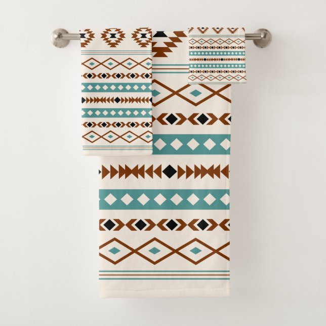 Aztec Aquamarin Terracotta-Schwarz-Creme-Mischmust Badhandtuch Set (Insitu)