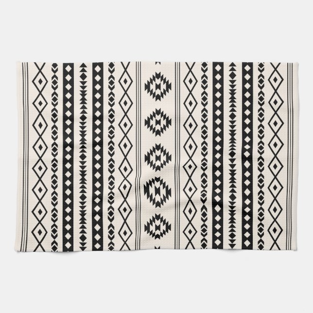 Aztec Black on Cream Mixed Motifs (V)-Muster Geschirrtuch (Horizontal)
