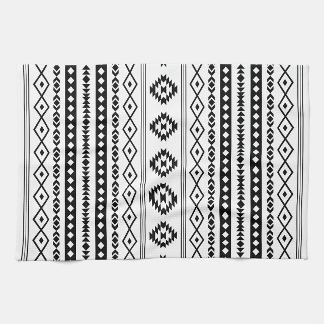 Aztec Black on White Mixed Motifs (V)-Muster Geschirrtuch (Horizontal)