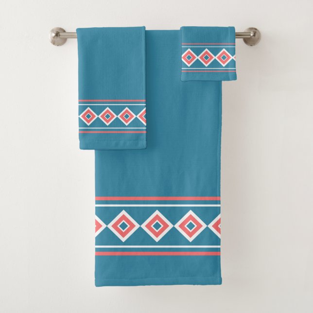 Aztec Blue Coral Diamond Südwest Badhandtuch Set (Insitu)