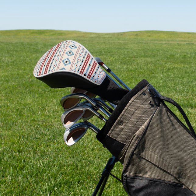 Aztec Blue Red Black Cream Mixed Motifs Muster Golf Headcover (In SItu)