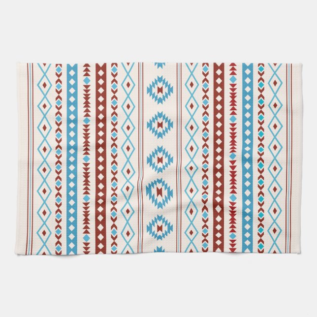 Aztec Blues Red Cream Mixed Motifs Muster Geschirrtuch (Horizontal)