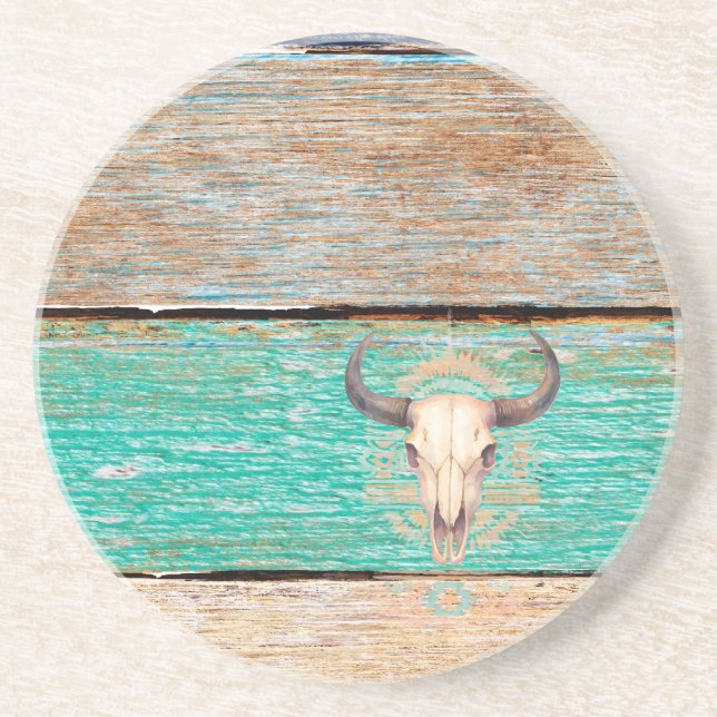 Aztec Boho Skull, verwittertes Holz Getränkeuntersetzer (Vorne)