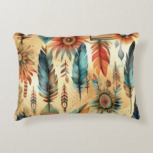 Aztec Boho Tribal Blue Feathers Dekokissen (Vorderseite)