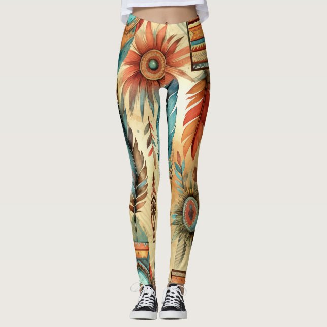 Aztec Boho Tribal Blue Feathers Leggings (Vorderseite)
