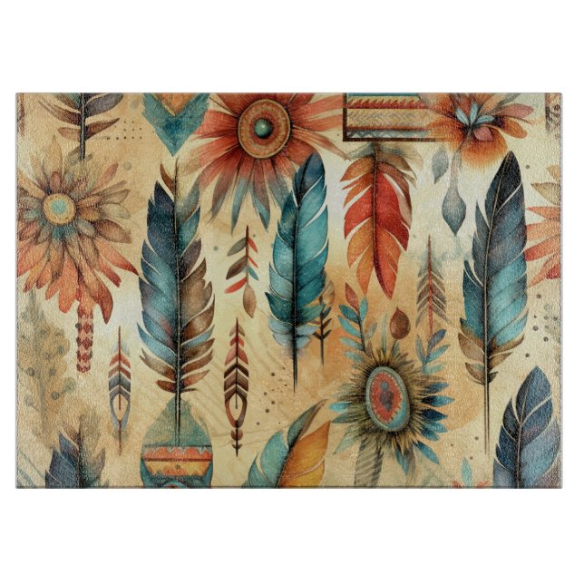 Aztec Boho Tribal Blue Feathers Schneidebrett (Vorderseite)