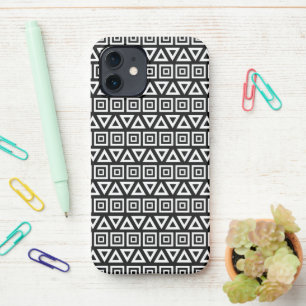 Aztec Dreiecke+Quadrate Muster Weiß auf Schwarz iPhone 12 Hülle