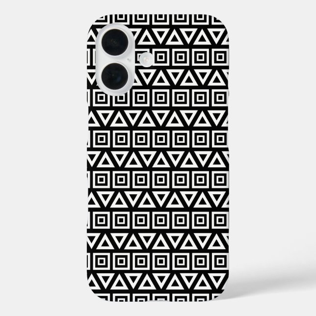 Aztec Dreiecke+Quadrate Muster Weiß auf Schwarz iPhone 16 Hülle (Rückseite)