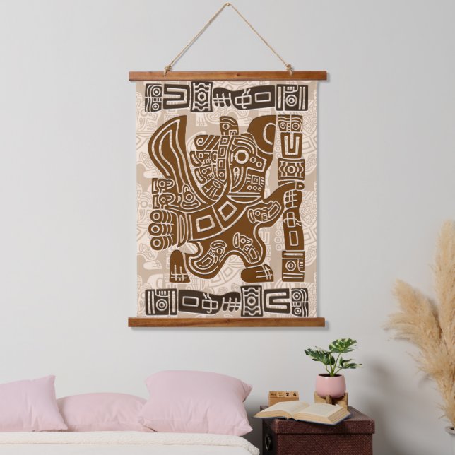Aztec Eagle Warrior Tribal Alte Kunst Wandteppich Mit Holzrahmen (Schlafzimmer)