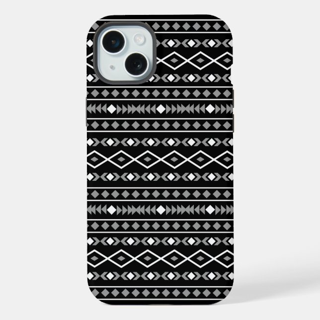 Aztec-Formenmuster Grau Weiß Schwarz iPhone 15 Plus Hülle (Rückseite)