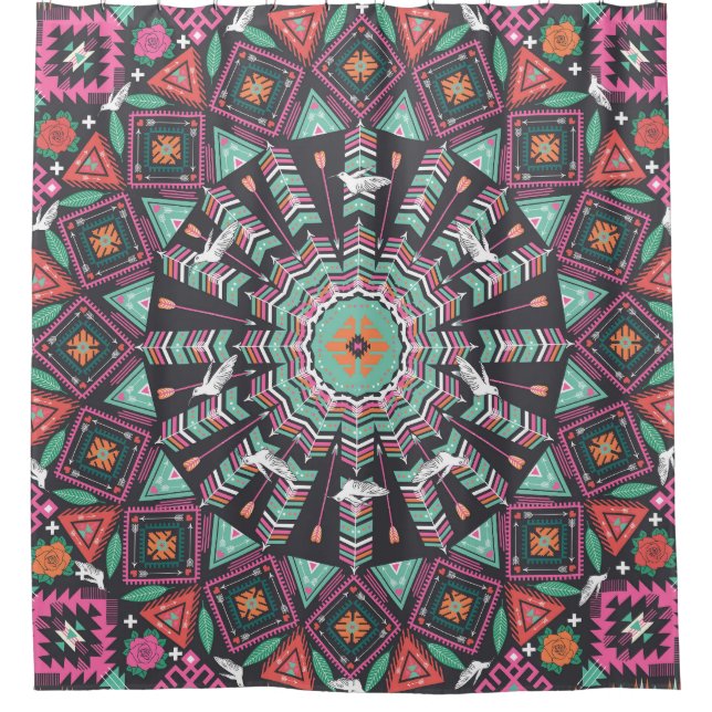 Aztec Geometric: farbiges Zirkelmuster Duschvorhang (Vorderseite)