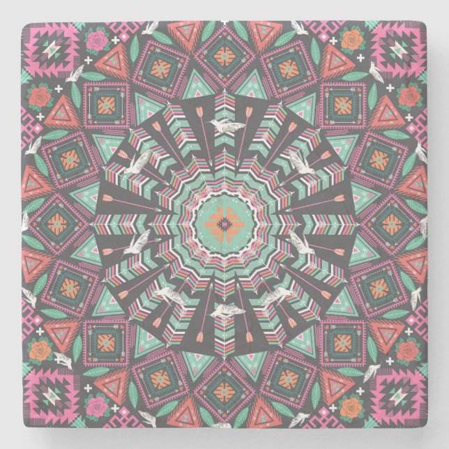 Aztec Geometric: farbiges Zirkelmuster Steinuntersetzer (Vorderseite)