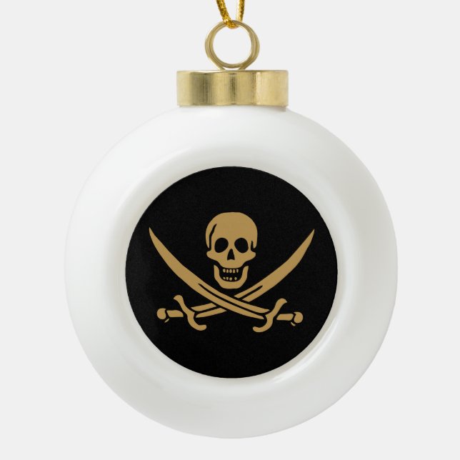 Aztec Gold Skull & Cutlass Pirate Calico Jack Keramik Kugel-Ornament (Vorderseite)