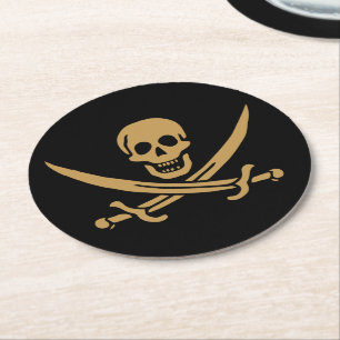 Aztec Gold Skull & Cutlass Pirate Calico Jack Runder Pappuntersetzer