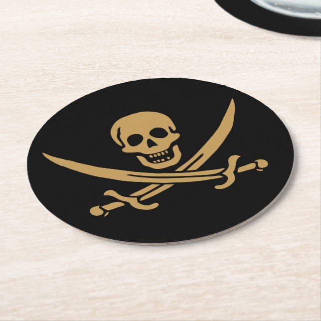 Aztec Gold Skull & Cutlass Pirate Calico Jack Runder Pappuntersetzer (Angewinkelt)