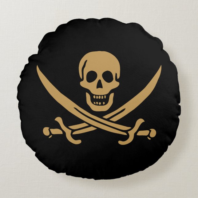 Aztec Gold Skull & Cutlass Pirate Calico Jack Rundes Kissen (Vorderseite)