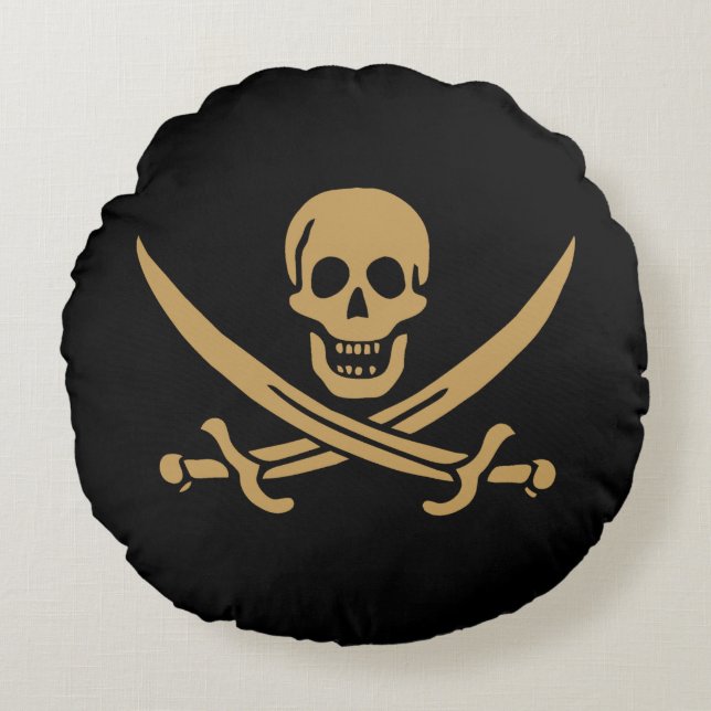 Aztec Gold Skull & Cutlass Pirate Calico Jack Rundes Kissen (Vorderseite)