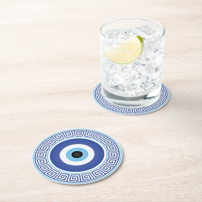 Aztec Greece Circle Key Evil Eye Blue White Runder Pappuntersetzer (Vor Ort)