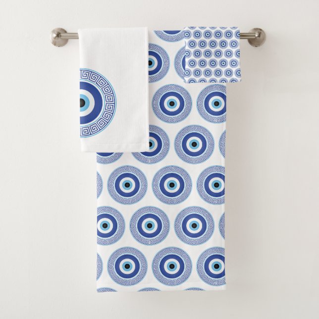 Aztec Griechisch Key Evil Eye Muster Blau Badhandtuch Set (Insitu)