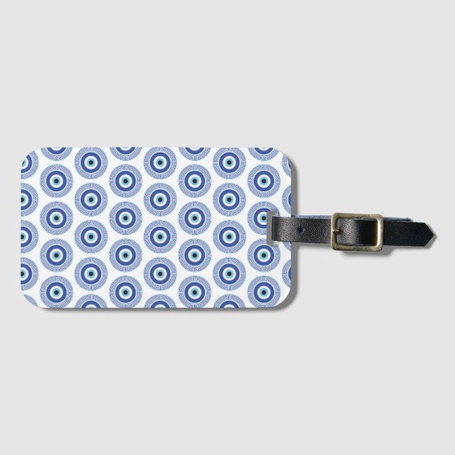 Aztec Griechisch Key Evil Eye Muster Blau Gepäckanhänger (Vorderseite (Horizontal))