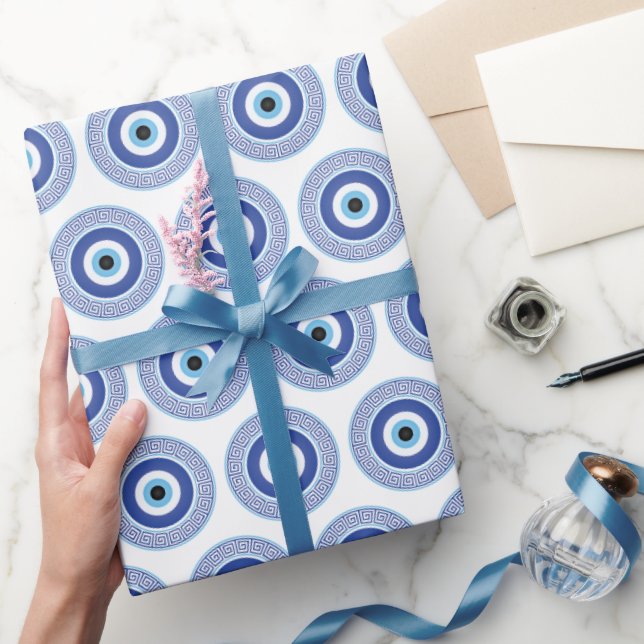Aztec Griechisch Key Evil Eye Muster Blau Geschenkpapier (Schenken)
