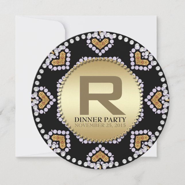 Aztec Hearts Gold Black Dinner Party invitations (Devant)