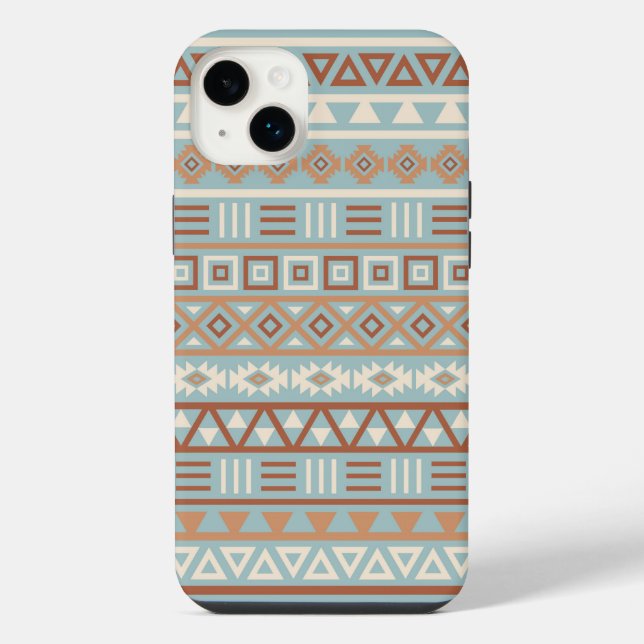 Aztec Influenza Pattern Blaue Creme Terracottas iPhone 14 Plus Hülle (Rückseite)