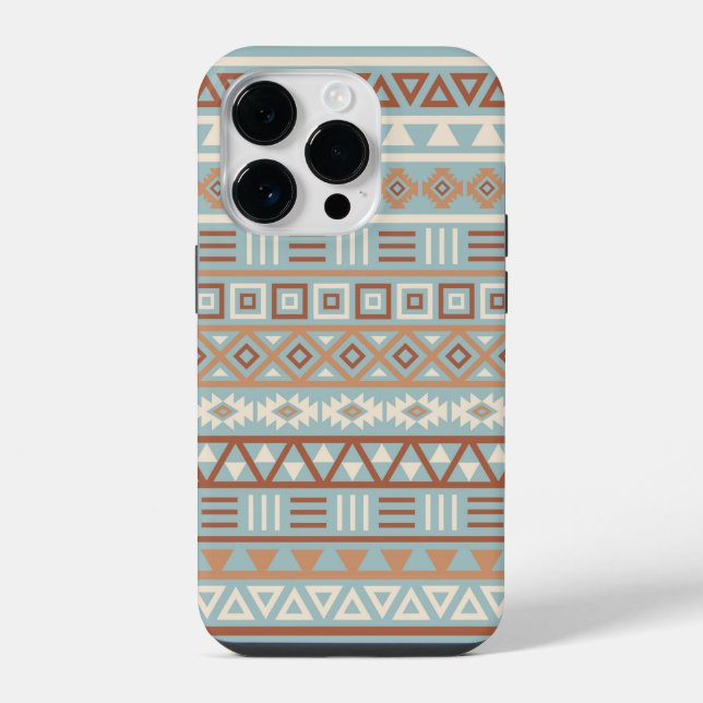 Aztec Influenza Pattern Blaue Creme Terracottas iPhone 14 Pro Hülle (Rückseite)