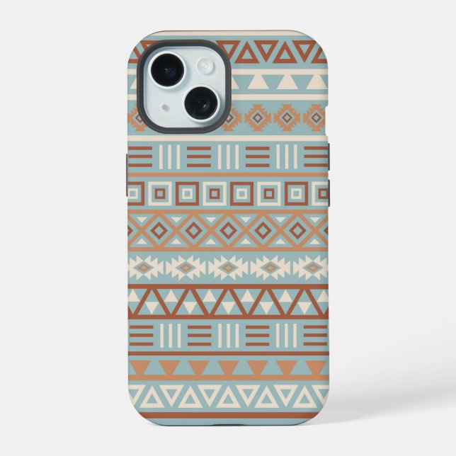 Aztec Influenza Pattern Blaue Creme Terracottas iPhone 15 Hülle (Rückseite)