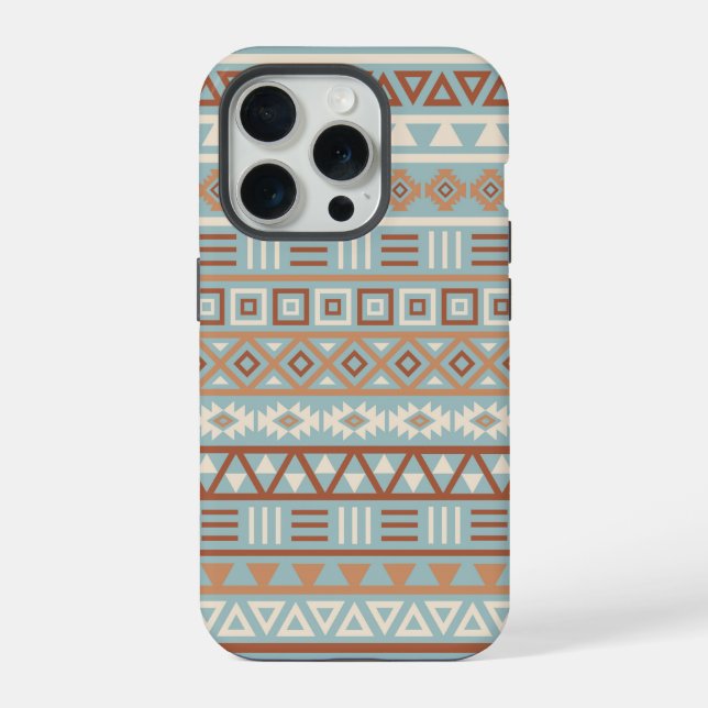 Aztec Influenza Pattern Blaue Creme Terracottas iPhone 15 Pro Hülle (Rückseite)