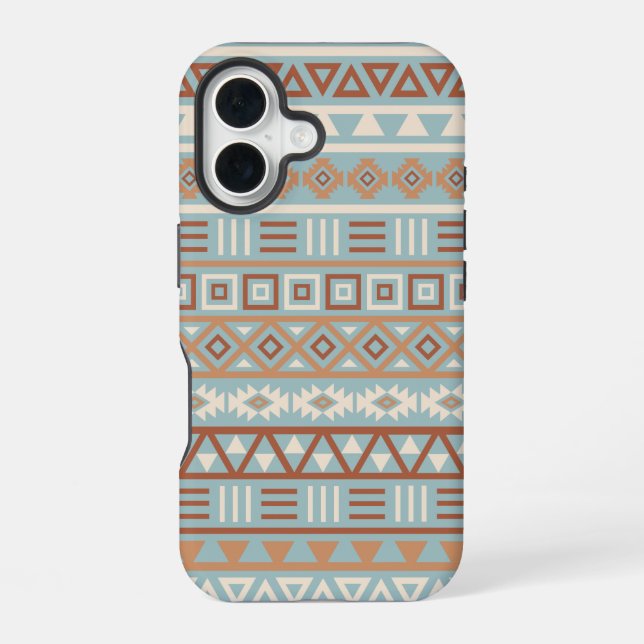 Aztec Influenza Pattern Blaue Creme Terracottas iPhone 16 Hülle (Rückseite)