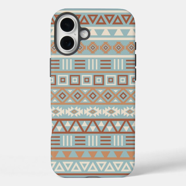 Aztec Influenza Pattern Blaue Creme Terracottas iPhone 16 Plus Hülle (Rückseite)