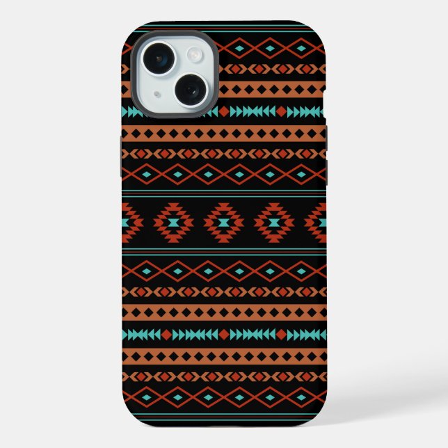 Aztec Rusts Aquamarines Schwarz Mixed Motifs-Muste iPhone 15 Plus Hülle (Rückseite)