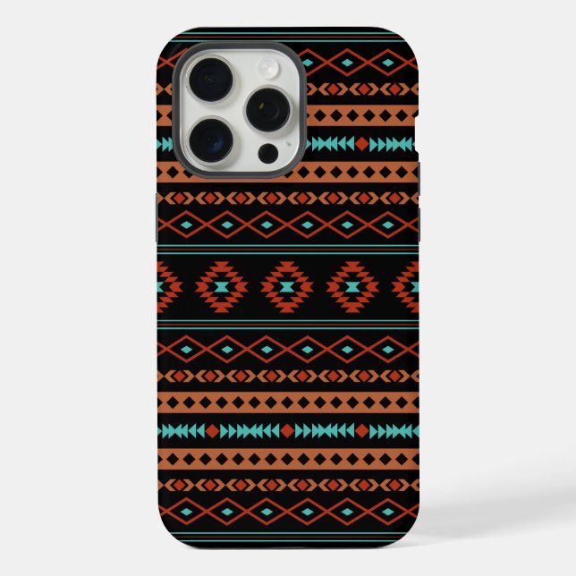 Aztec Rusts Aquamarines Schwarz Mixed Motifs-Muste iPhone 15 Pro Max Hülle (Rückseite)