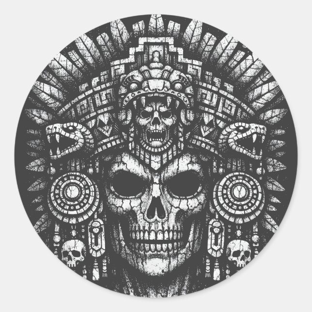 Aztec-Schädelkopfschmuck von BurnsInHell Runder Aufkleber (Vorderseite)