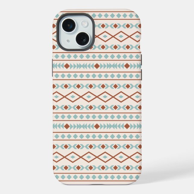 Aztec Shapes Muster Rost Aquamarine Creme iPhone 15 Plus Hülle (Rückseite)