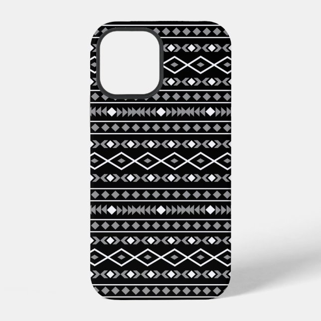 Aztec Shapes Pattern Grau Schwarz iPhone 12 Hülle (Rückseite)