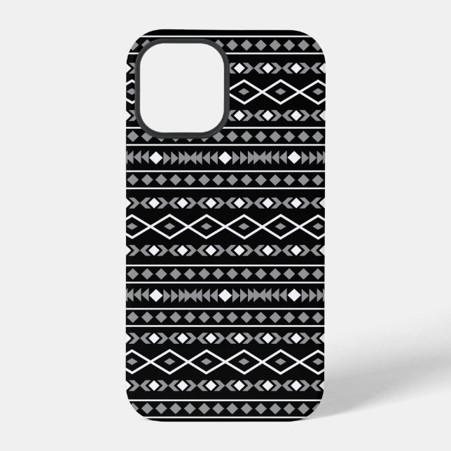 Aztec Shapes Pattern Grau Schwarz iPhone 12 Pro Hülle (Rückseite)
