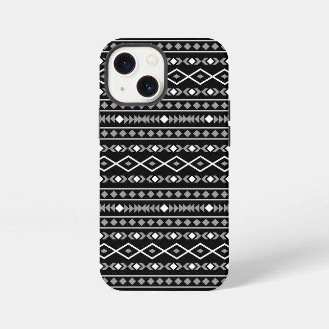 Aztec Shapes Pattern Grau Schwarz iPhone 13 Mini Hülle (Rückseite)