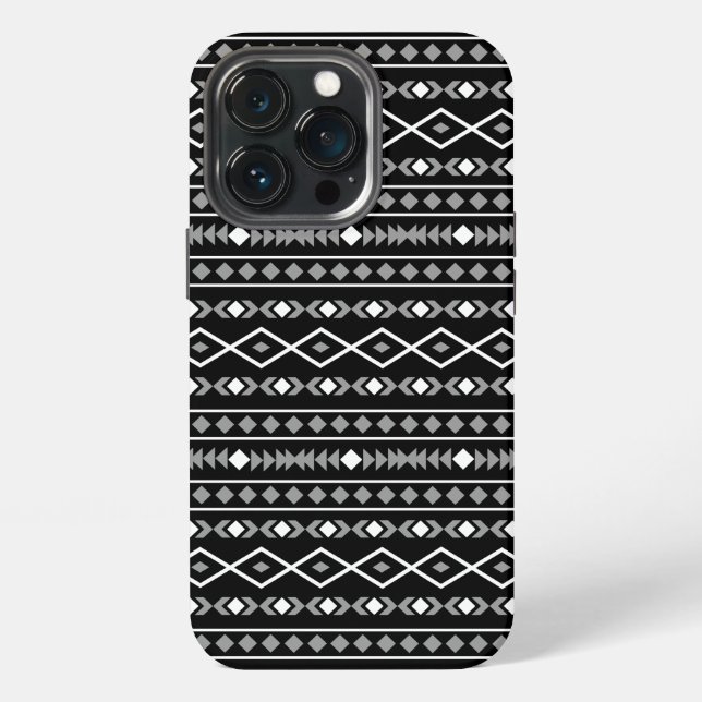 Aztec Shapes Pattern Grau Schwarz iPhone 13 Pro Hülle (Hinten)