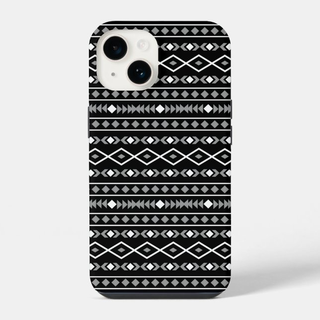 Aztec Shapes Pattern Grau Schwarz iPhone 14 Hülle (Rückseite)