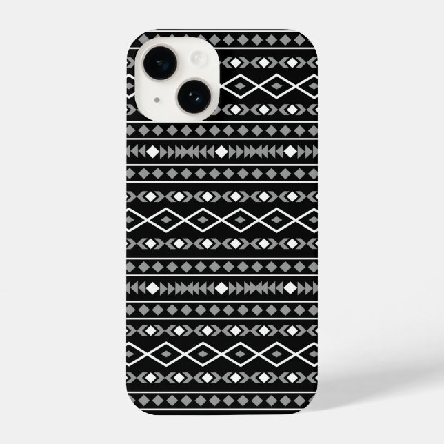 Aztec Shapes Pattern Grau Schwarz iPhone 14 Hülle (Rückseite)