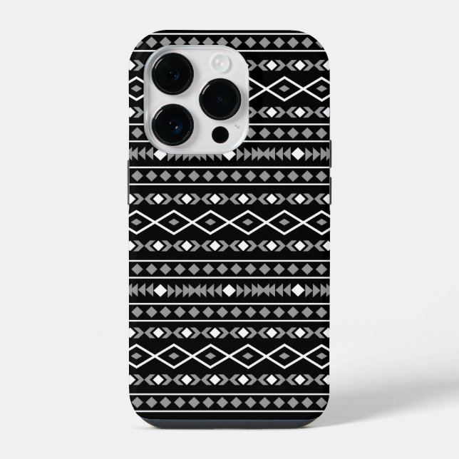 Aztec Shapes Pattern Grau Schwarz iPhone 14 Pro Hülle (Rückseite)