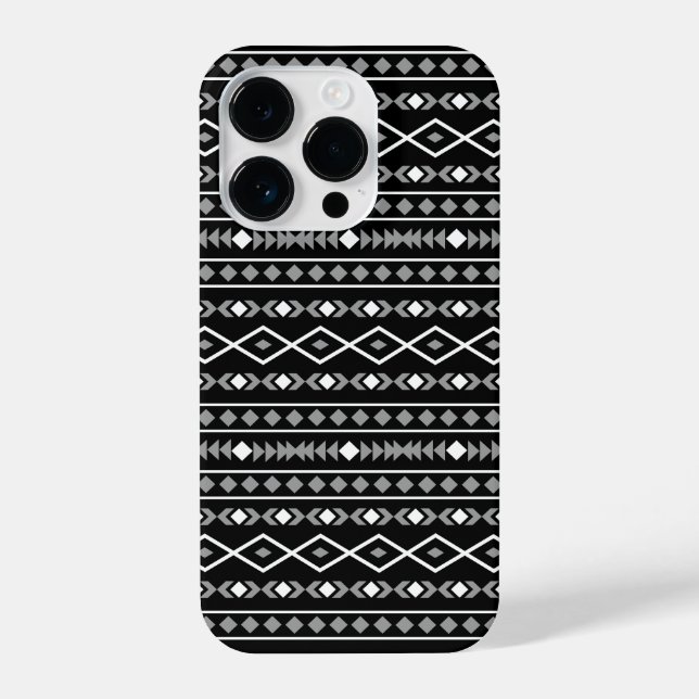 Aztec Shapes Pattern Grau Schwarz iPhone 14 Pro Hülle (Rückseite)
